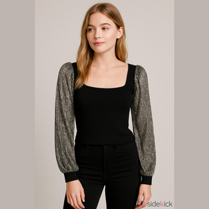 eesome Black Ribbed Knit Top Women's Small Mesh Sheer Sleeves